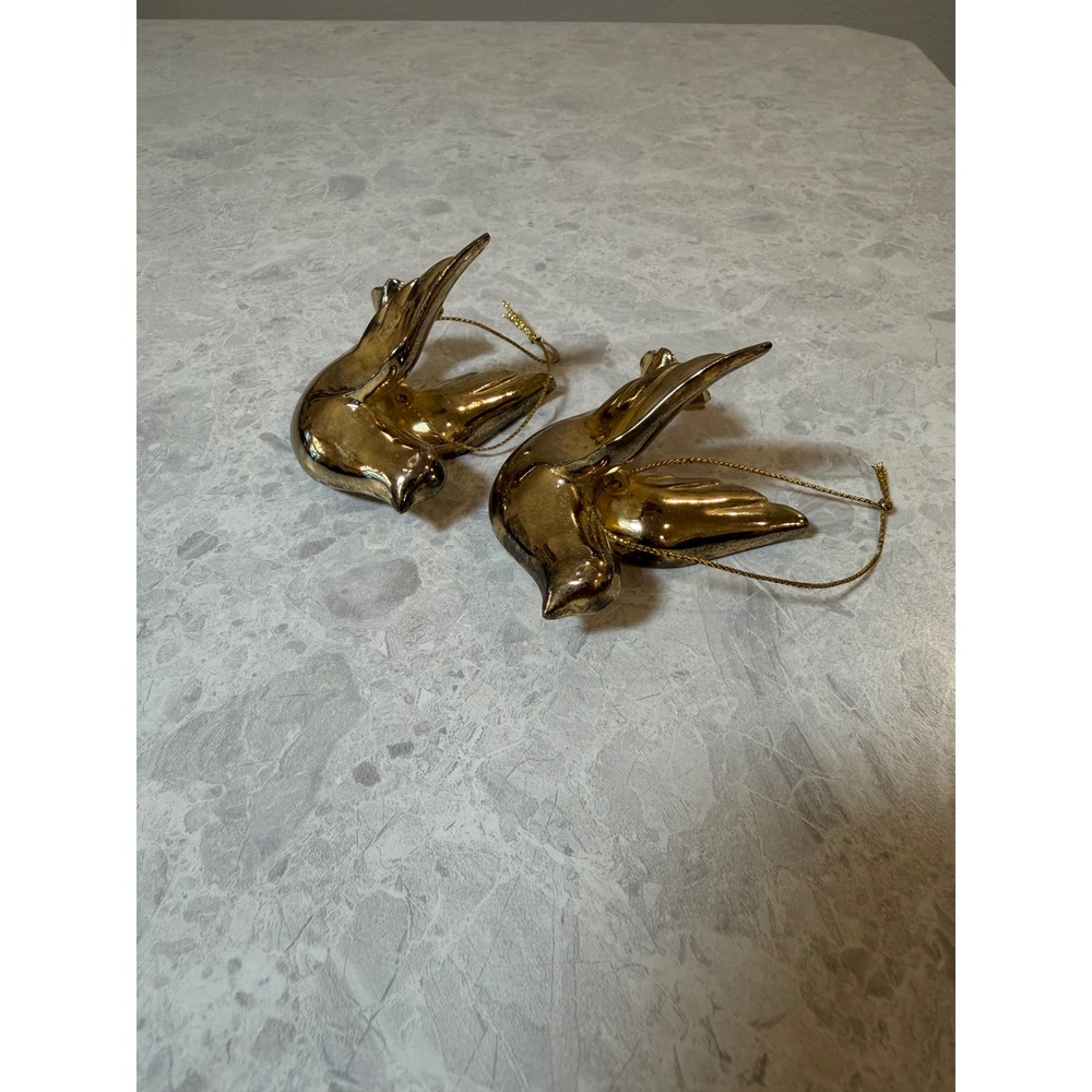 Set of 2 brass Bird Ornaments Metallic Dove Swallow Holiday Decor